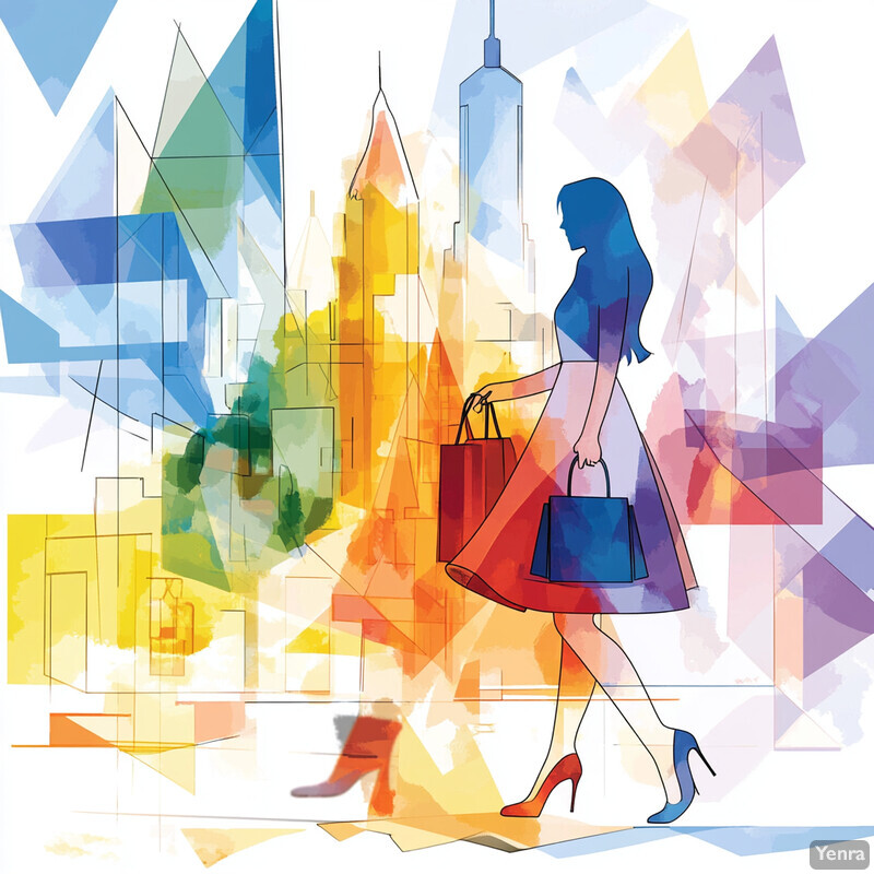 A woman walks in front of a city skyline, carrying shopping bags and dressed in a stylish outfit.