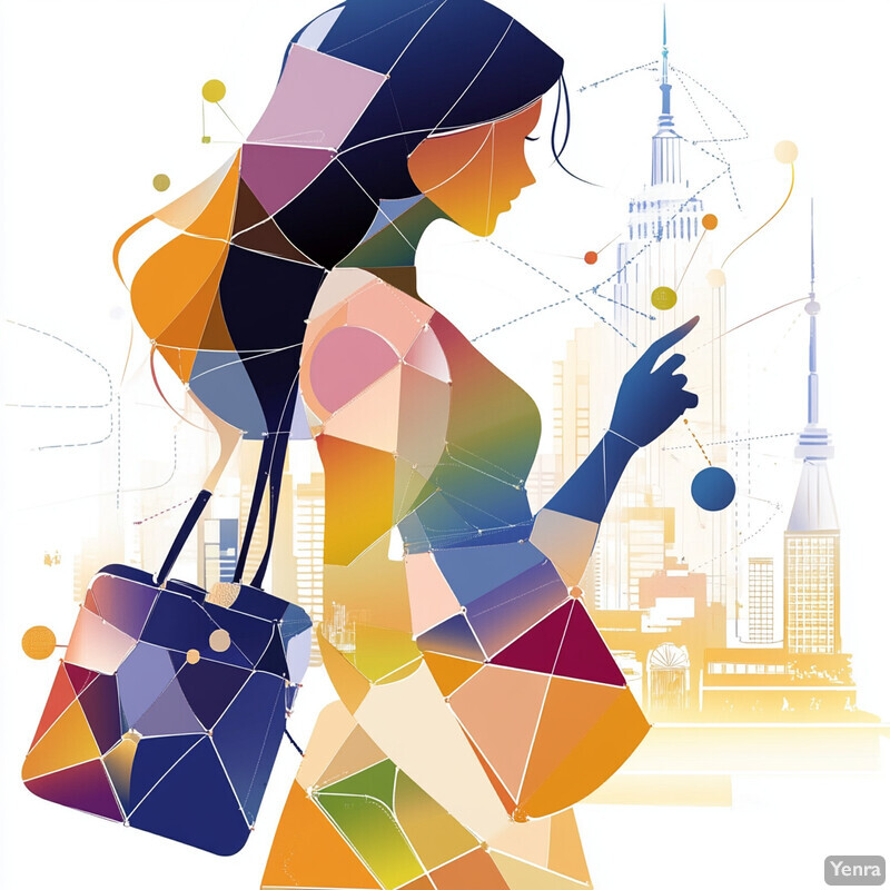 A woman with a colorful outfit stands in front of a city skyline, holding a large bag.