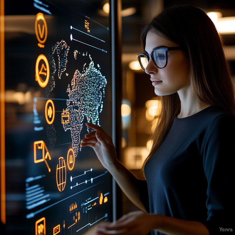 A woman examines a large screen displaying various symbols and graphs in an office setting.