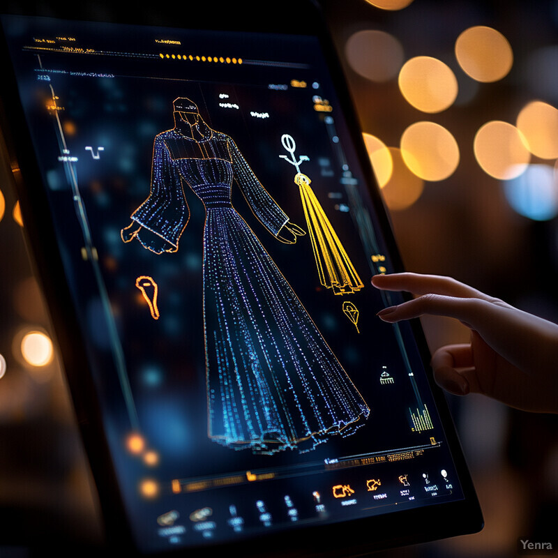 A person is using an iPad to design a sparkly dress.