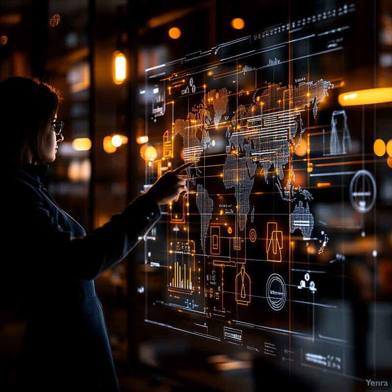 A woman stands in front of a large screen displaying graphs and charts related to demand forecasting across markets.