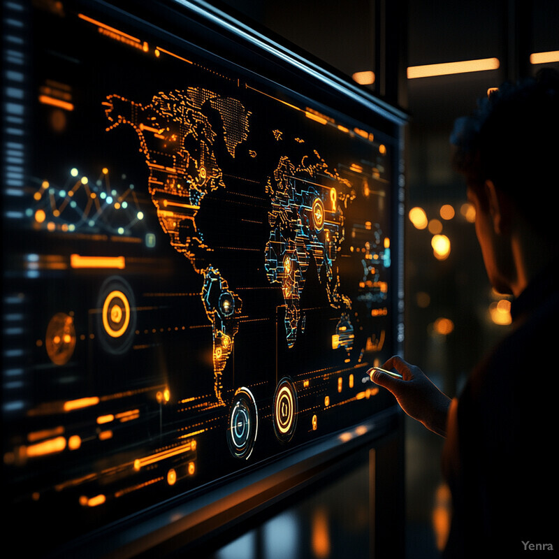 A person is examining a large screen displaying various charts and graphs.