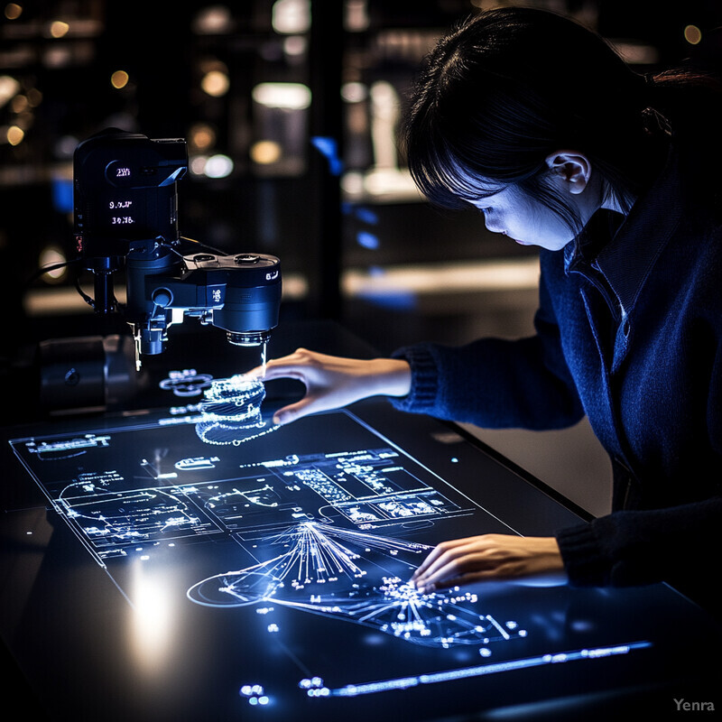 A woman in an orange jumpsuit with black stripes works on a computer-generated blueprint or floor plan using various tools and materials.