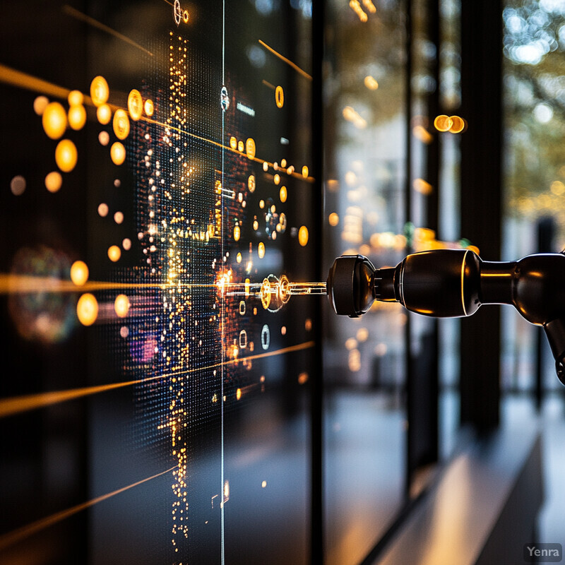 A striking tapestry adorns the wall in a dark room, featuring a complex pattern of black and red threads.