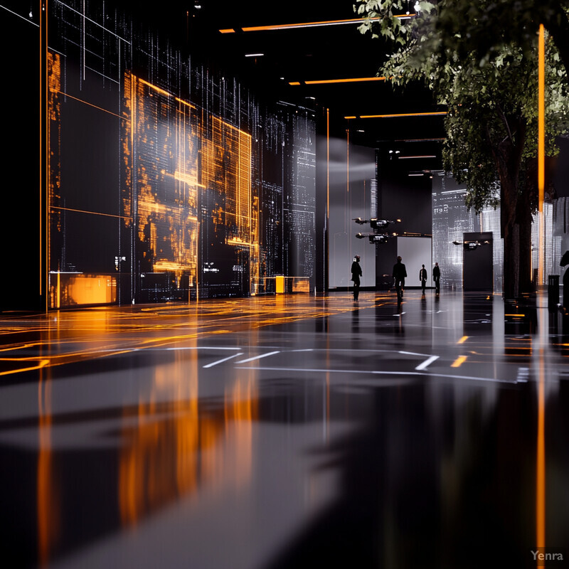 A futuristic room with black walls and floors adorned with orange accents.