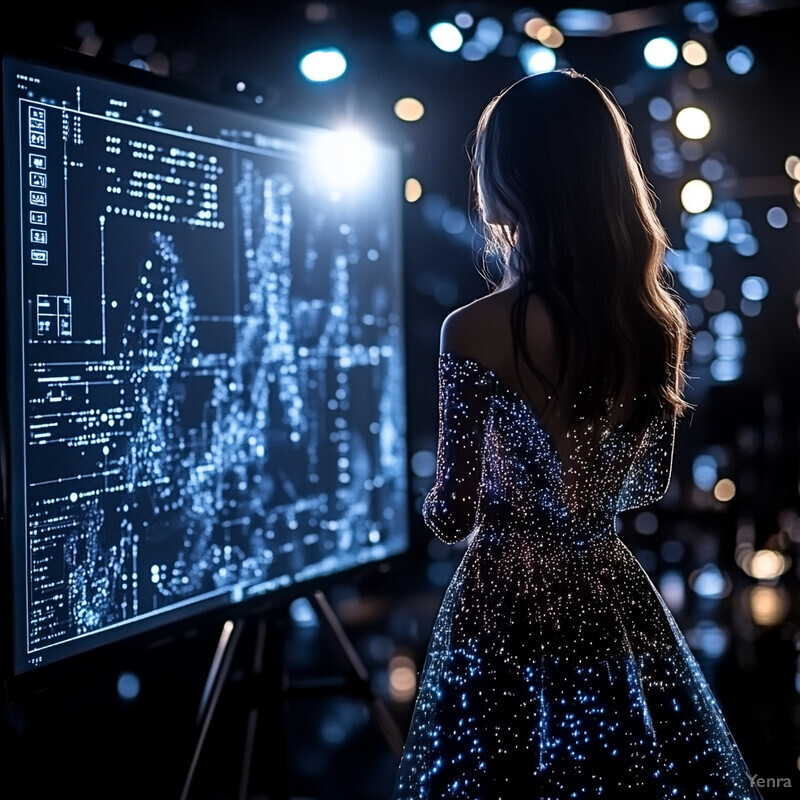 A woman in a long, sparkly dress stands in front of a large screen displaying various graphs and charts.