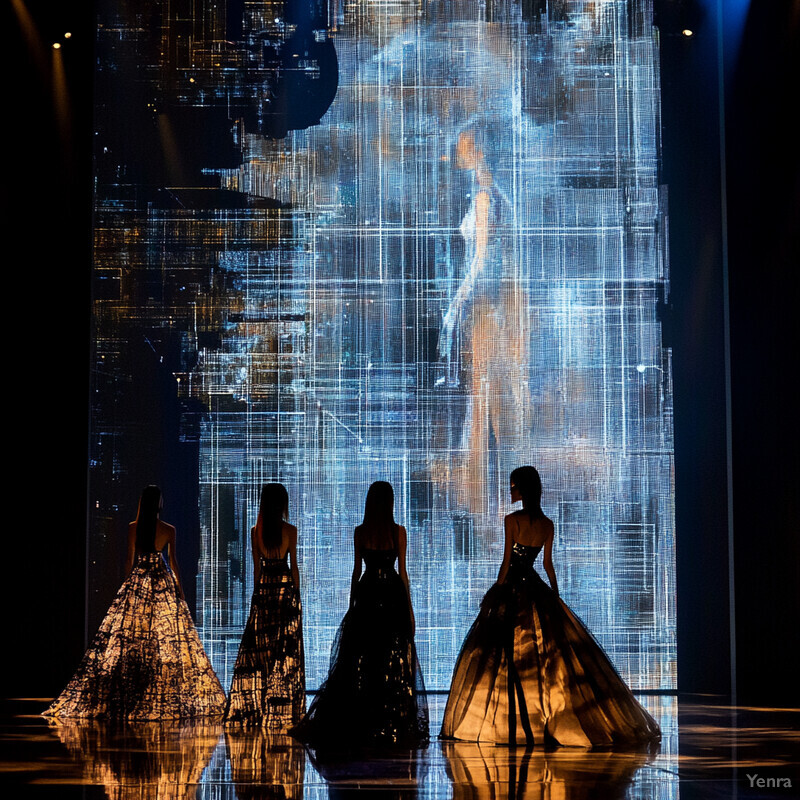 A fashion show featuring four models in long, flowing gowns walking down a runway.