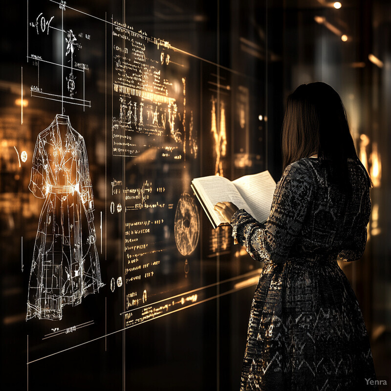 A woman stands in front of a holographic display analyzing fashion design data.