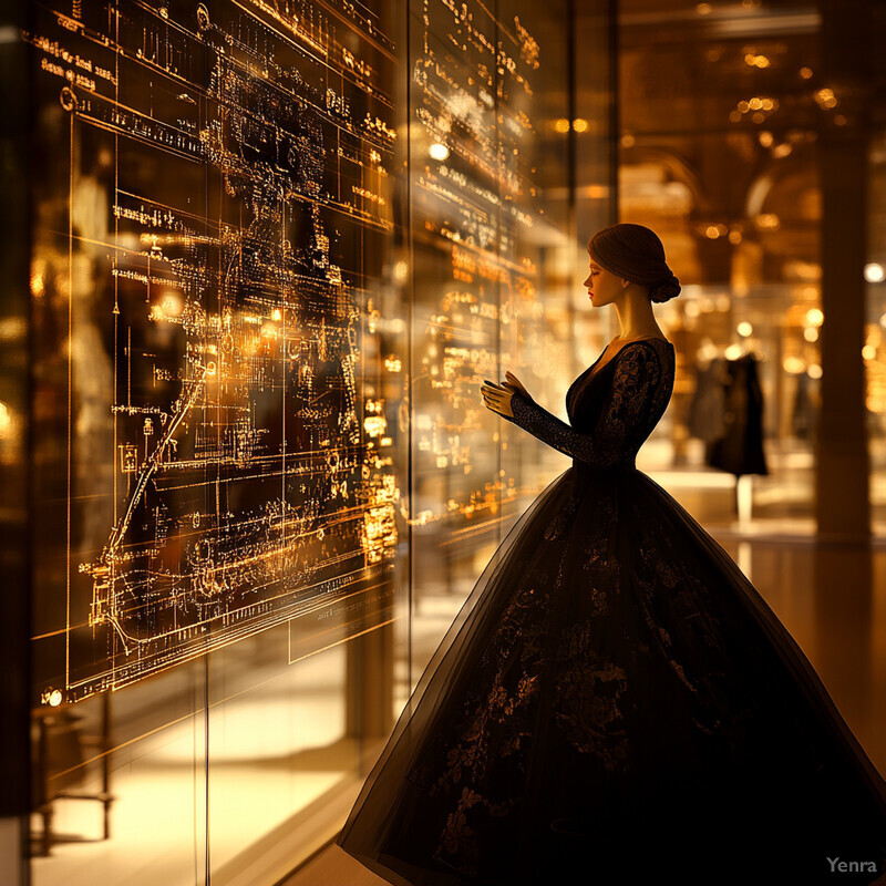 A woman in a black dress stands in front of a screen displaying gold circuitry.