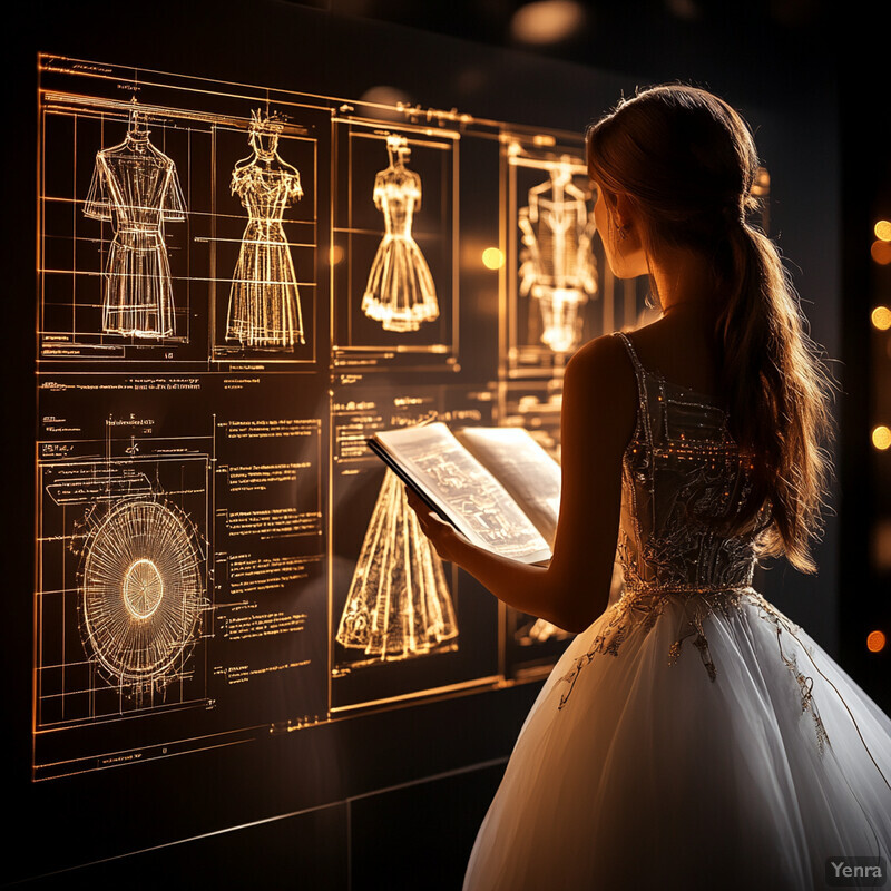 A woman in a white dress with gold accents stands in front of a screen displaying multiple sketches of dresses and gowns.