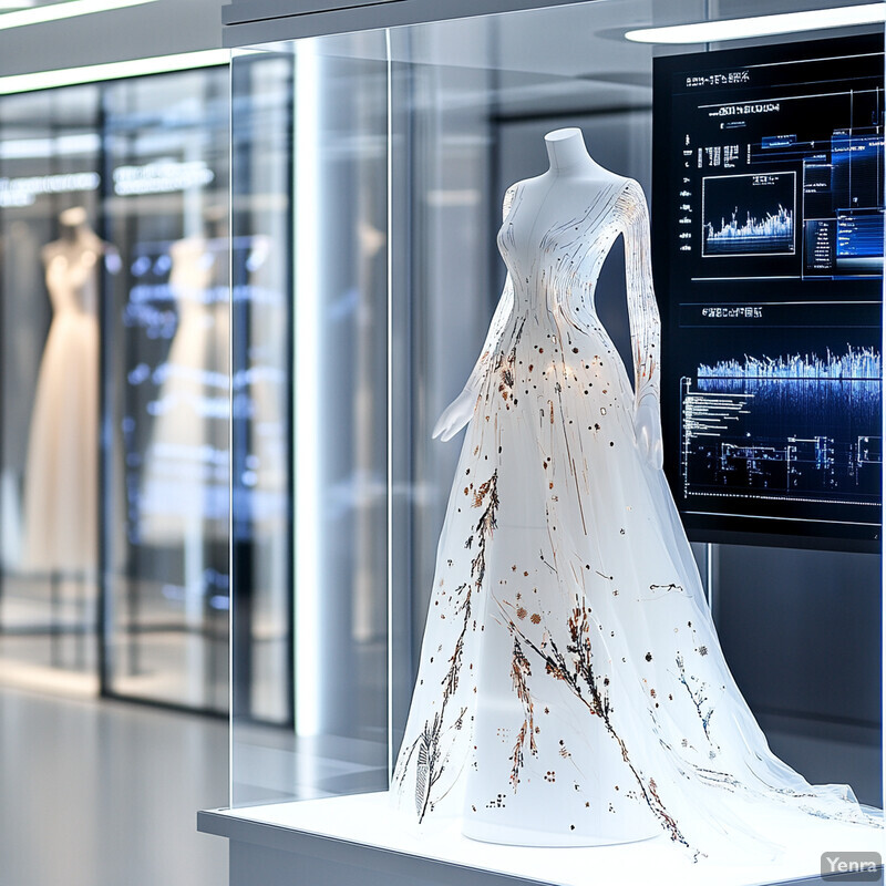 A beautiful white wedding dress with intricate black embroidery and gold accents on display at a fashion museum or boutique.