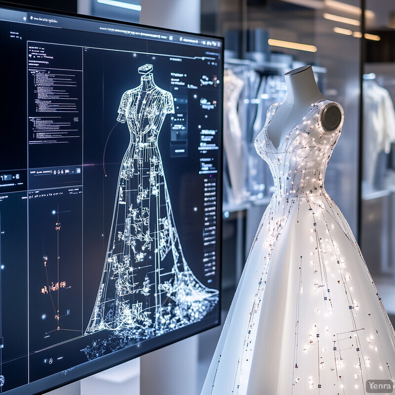 A computer screen displays a 3D rendering of a wedding dress next to a white mannequin with lights and small squares.