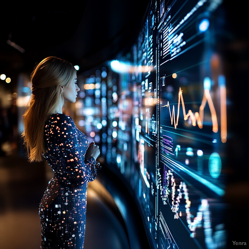 A woman in a dark blue dress with orange lights is intently studying data on a large screen.