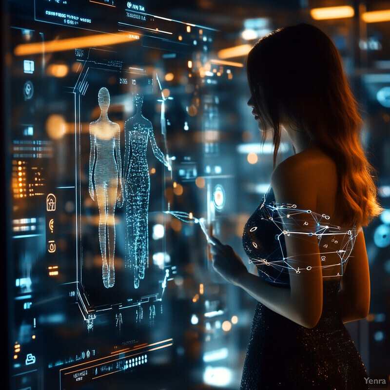 A woman in business attire stands in front of a large screen displaying graphs and charts in an office setting.