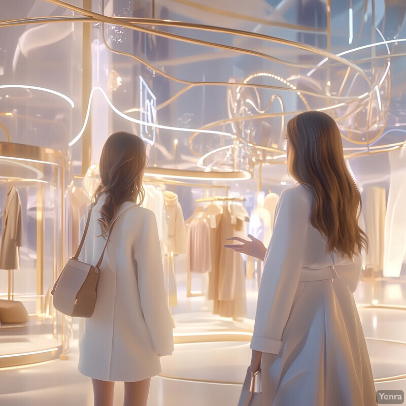 Two women in white coats shop for clothing at a store.