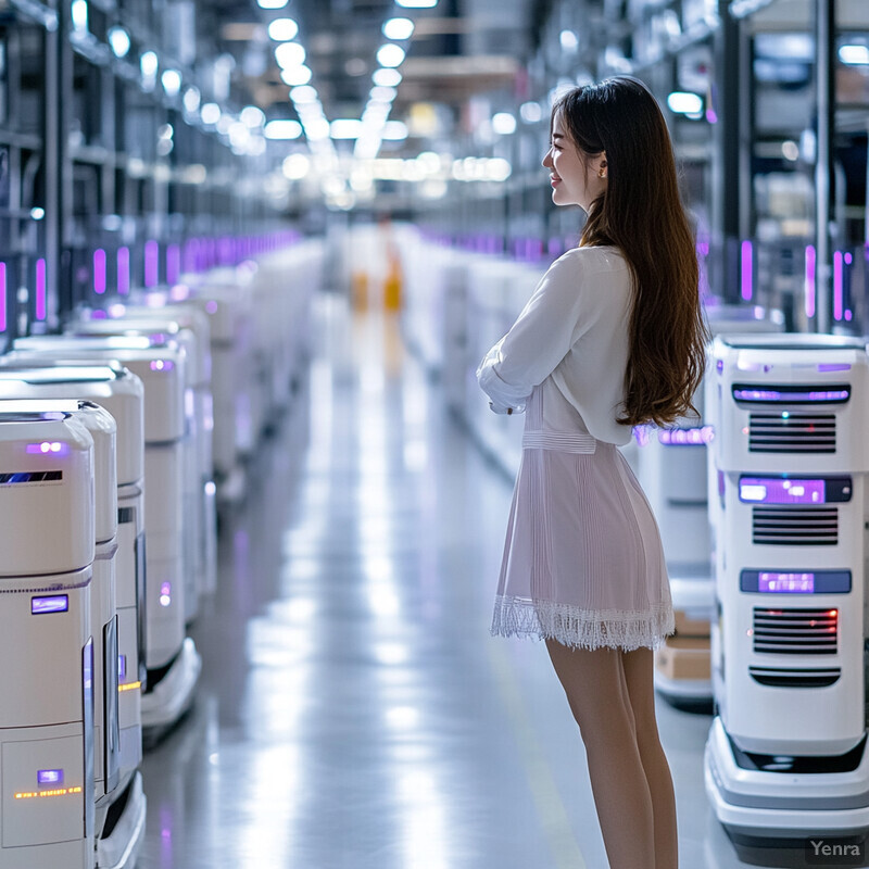 A woman inspects large white machines in a dimly lit industrial warehouse.