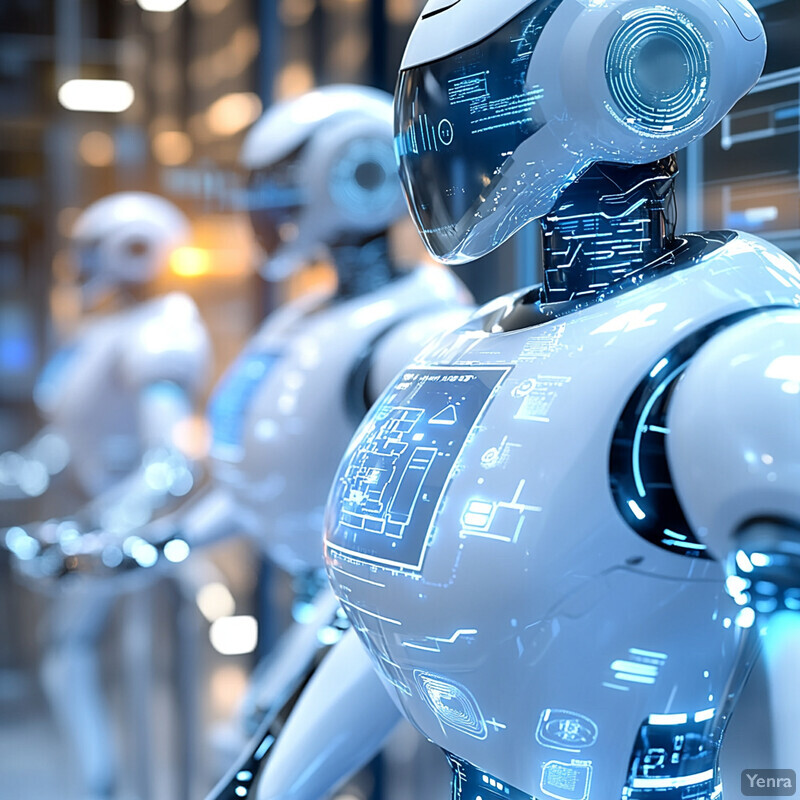 Three humanoid robots stand in a row, each facing forward, with one prominently displayed.