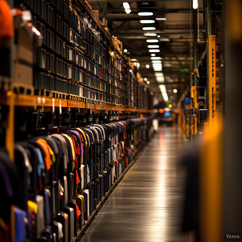 A large warehouse with rows of shelves stocked with various products.