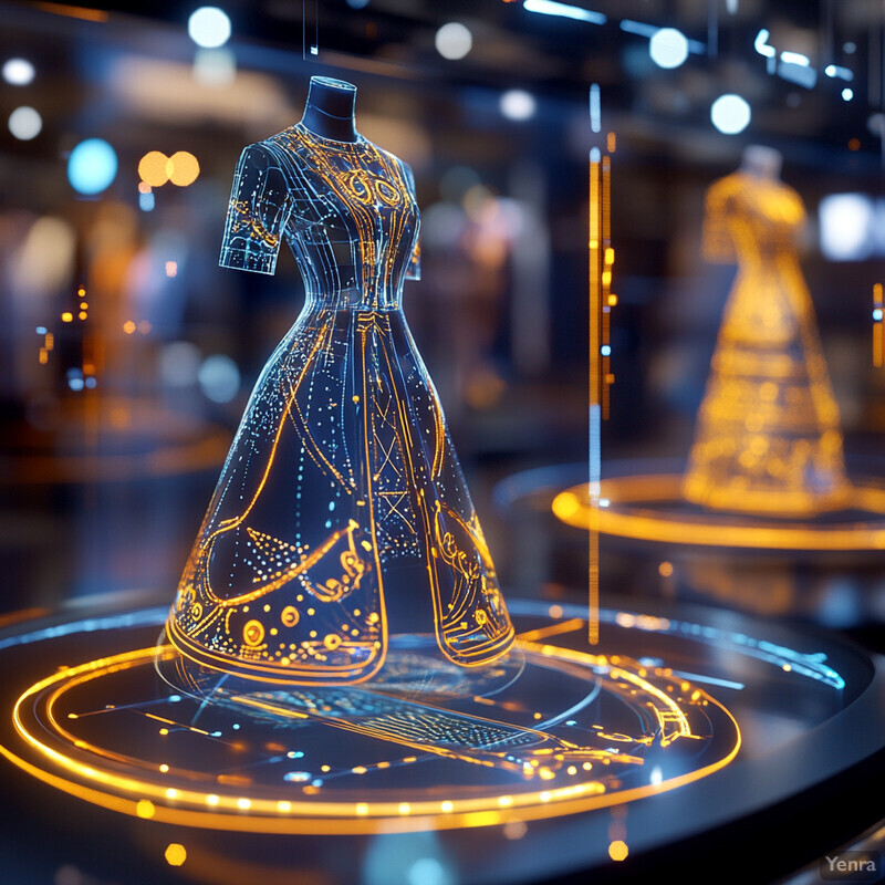 A futuristic dress design with glowing details on a dark blue background.