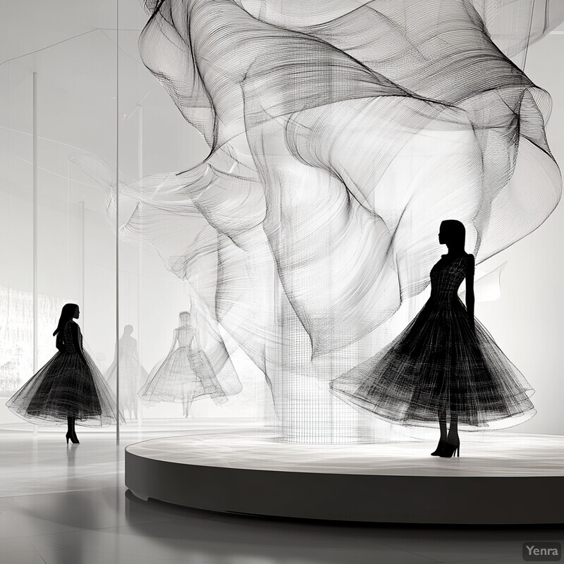 A futuristic room with a large screen displaying a 3D model of a dress, surrounded by various objects and tools.