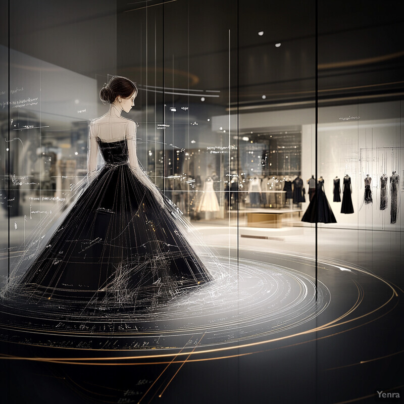 A futuristic showroom or exhibition space showcases advanced fashion technology, including a transparent screen displaying a 3D model of a woman in a stunning black ball gown.