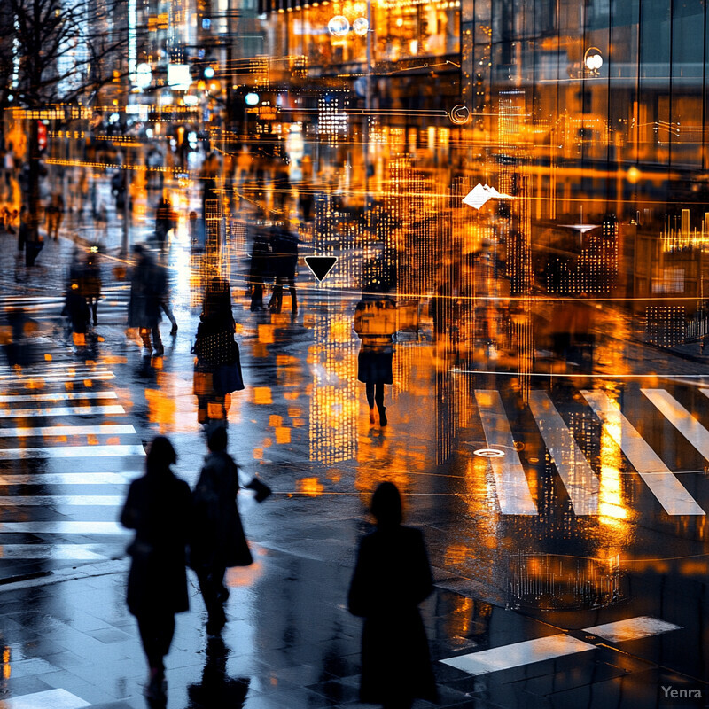 A bustling city street at night, with people walking and buildings lit up by neon lights.