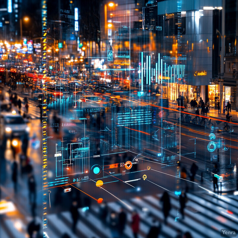 A busy city street at night, with tall buildings and pedestrians walking on the sidewalk.