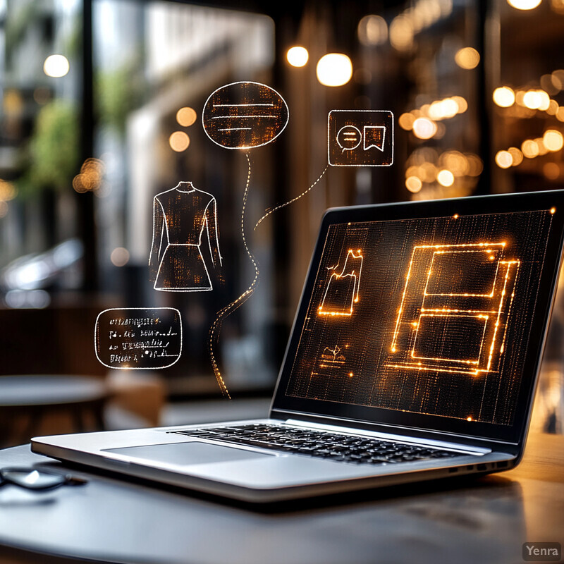 An open laptop on a table in a restaurant or cafe, with various icons and text displayed on the screen.