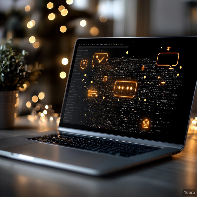 A laptop displaying social media monitoring software on its screen, set against a festive backdrop of Christmas lights and decorations.