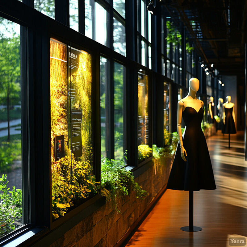 An exhibition featuring mannequins in black dresses set against a backdrop of lush greenery.