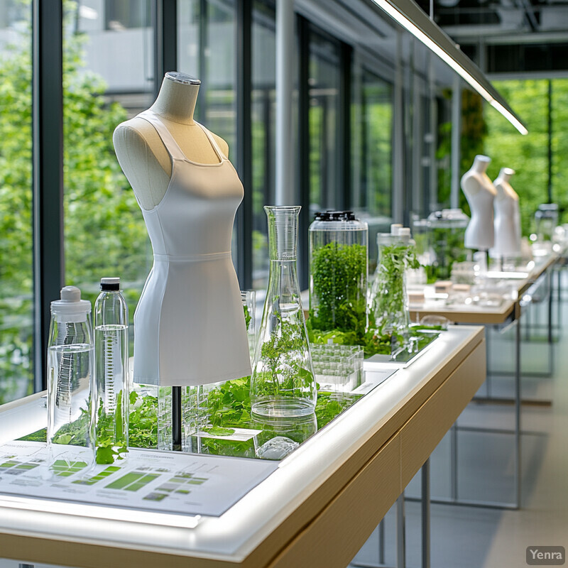 A modern laboratory with glass containers, plants, and a white mannequin torso.