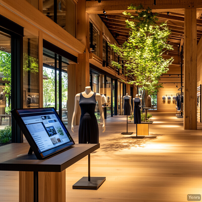 A room with wooden walls and floors, featuring a large tree and mannequins dressed in black attire.