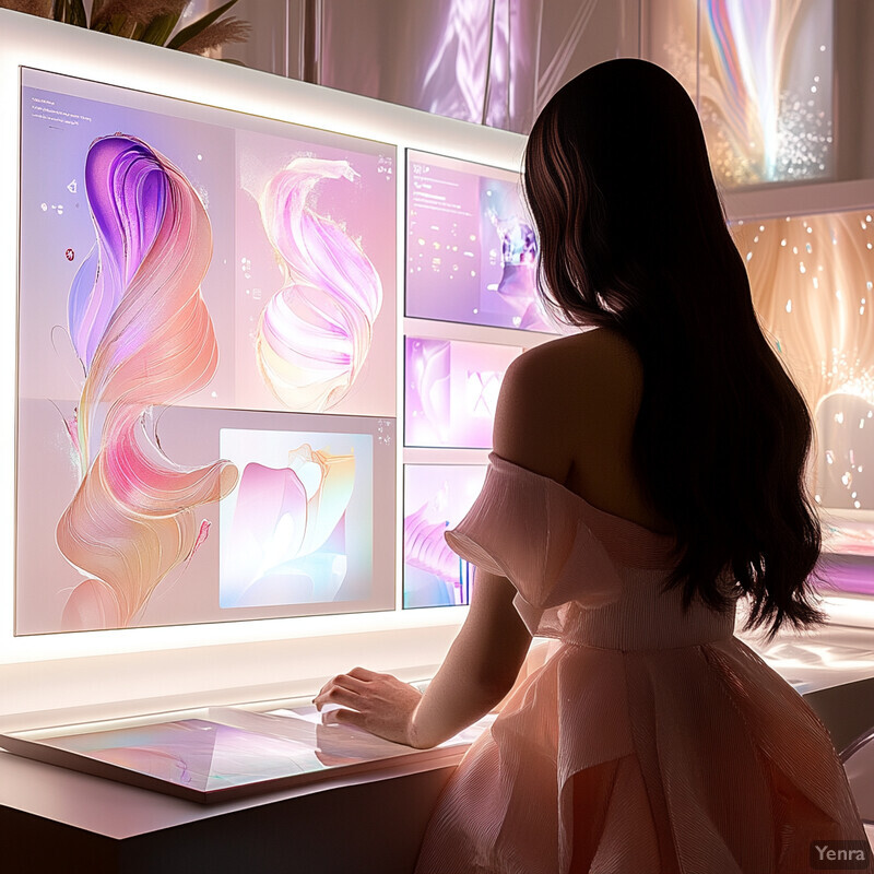 A woman in a pink dress stands in front of a large display screen, likely engaged in data analysis or visualization.