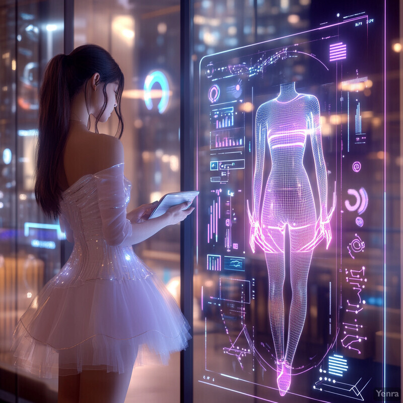 A woman in a futuristic outfit stands in front of a large screen displaying a holographic projection of a woman's body.