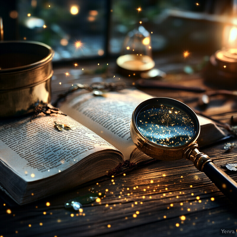 A person is studying an ancient text using a magnifying glass on a wooden table.