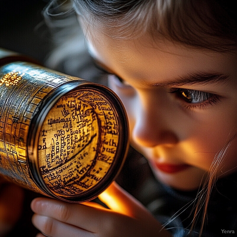 A young girl uses an ornate wooden telescope to observe or study something outside.