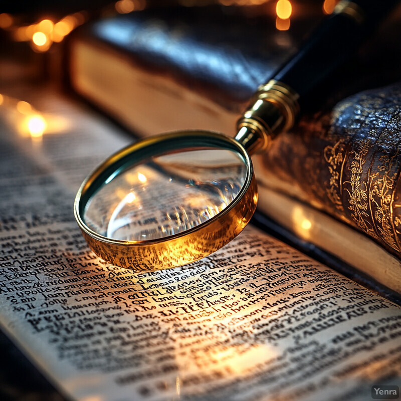 An open book with a magnifying glass on top, suggesting a study or research session.