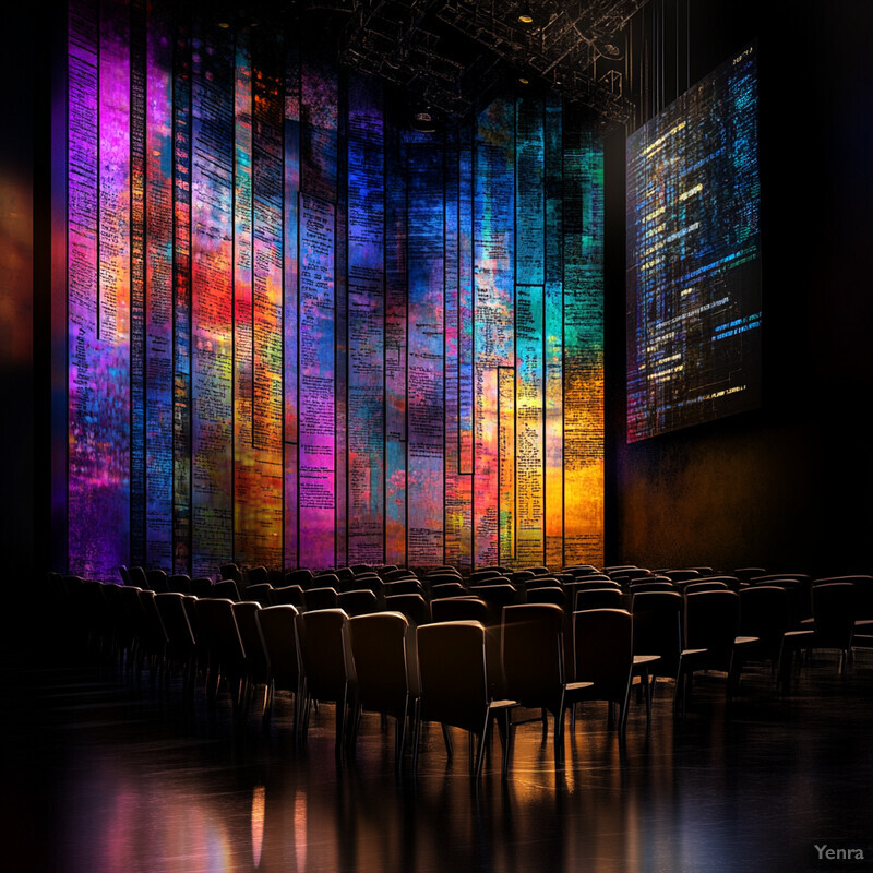 An empty auditorium or lecture hall with rows of chairs facing a large screen on the wall