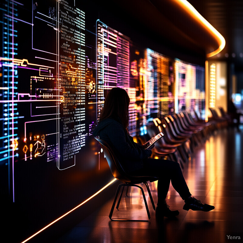 A woman sits in front of a large screen displaying various lines of code and diagrams.