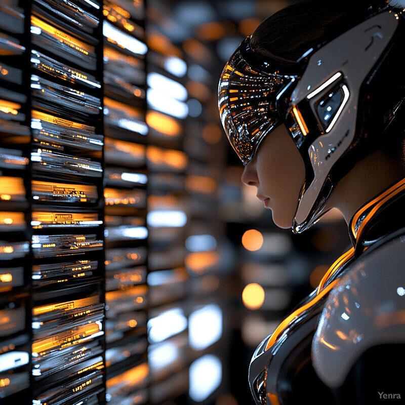 A woman in a metallic suit stands in front of a wall of lights, exuding an atmosphere of high-tech sophistication.