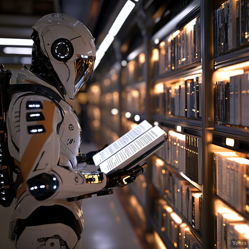 A humanoid robot stands in front of a wall lined with bookshelves, its gaze fixed on the books.