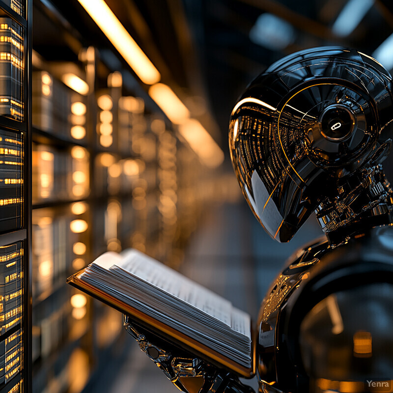 A humanoid robot is intently studying an open book in a futuristic environment.