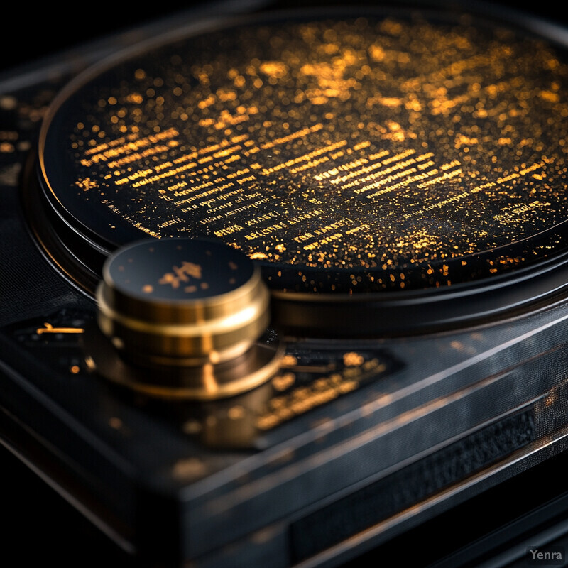 A vinyl record player with a black and gold design is showcased in an indoor setting.