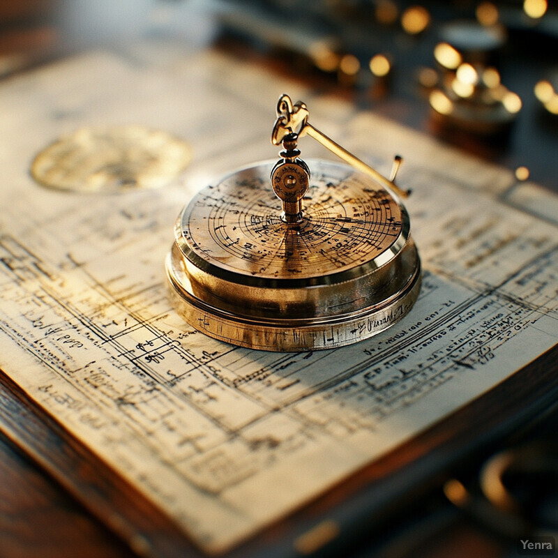 An antique astronomical instrument sits atop an open book with handwritten notes and diagrams.