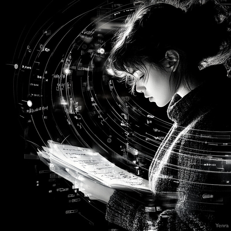 A woman intently studies a book, illuminated by a nearby light source, in an indoor setting.