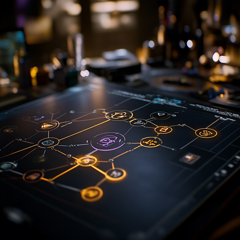 A hand-drawn flowchart or mind map with interconnected nodes and lines on a blackboard or whiteboard.