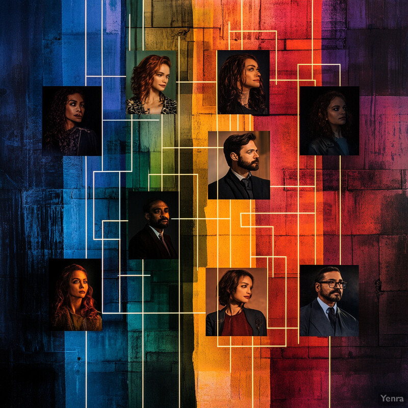 A Character Relationship Mapping diagram featuring nine individuals connected by white lines against a rainbow-colored background.