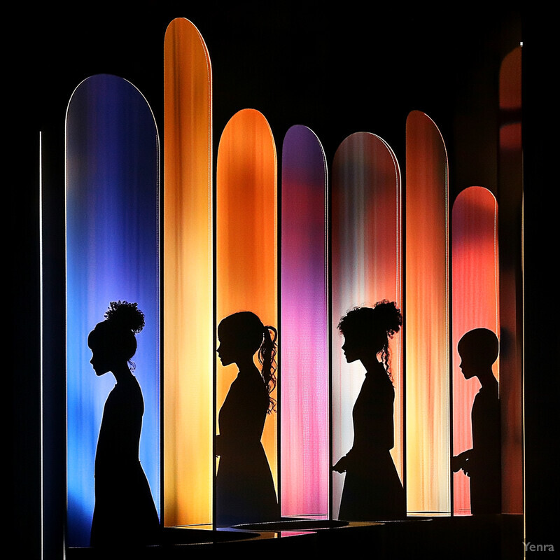 Four silhouettes stand in front of colorful, lit-from-within columns.