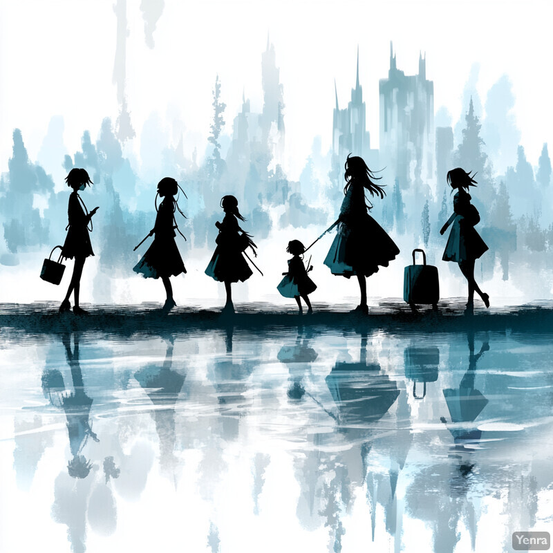 A group of girls walk across a flooded street in front of a city skyline, possibly preparing for travel or moving to a new location.