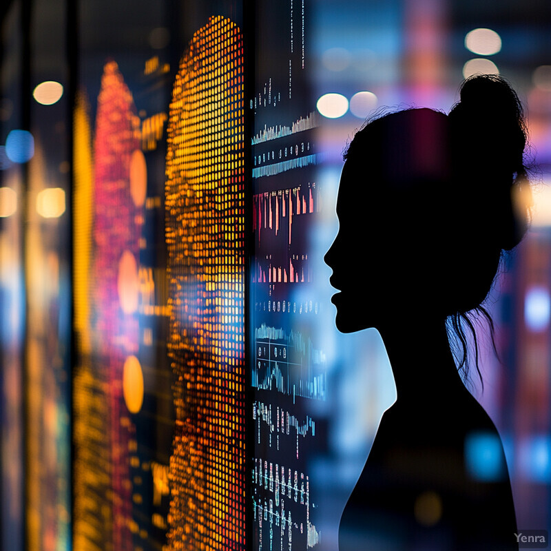 A woman stands in front of a large screen displaying stock market data.